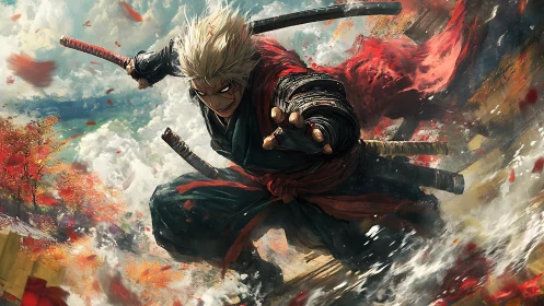 Battle-ready anime swordsman lunges through swirling chaos.