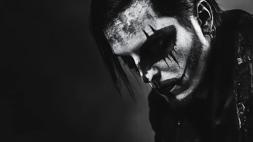 Moody monochrome portrait of a reflective gothic performer.