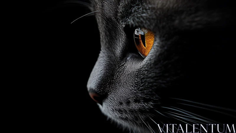 Gray cat head shown in profile with amber-colored eye
