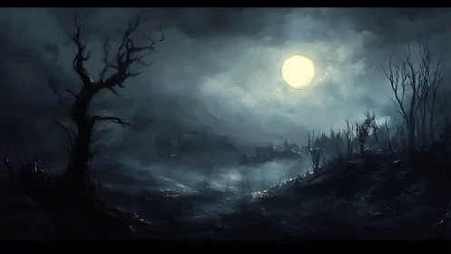 Nocturnal desolation landscape under spectral full moonlight.