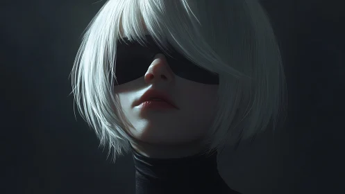 Luminous white-haired android in quiet cyberpunk shadows.