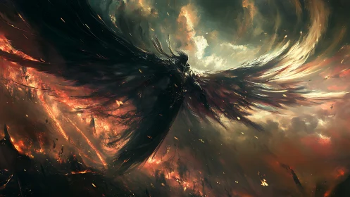 Winged dark entity emerges through infernal storm of fire and ash