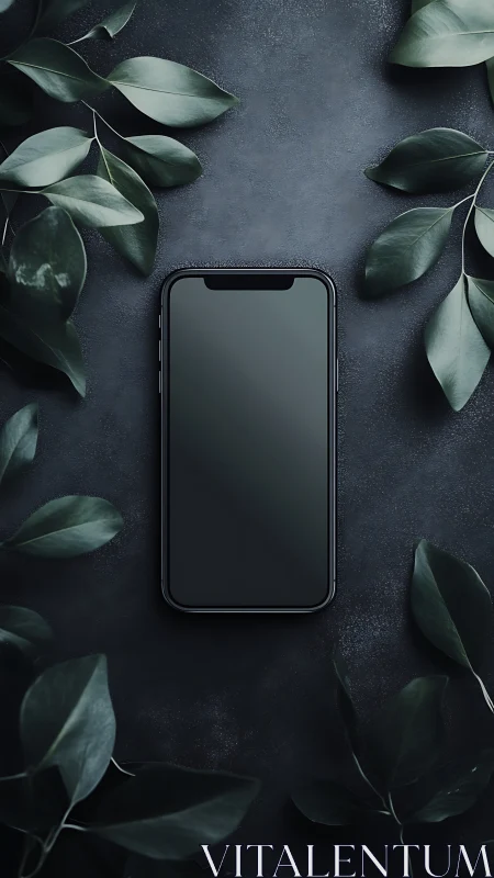 Minimal smartphone on dark stone framed by foliage.