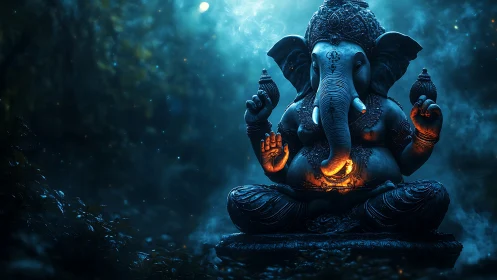 Luminous Ganesha statue in misty forest rendered with cinematic lighting