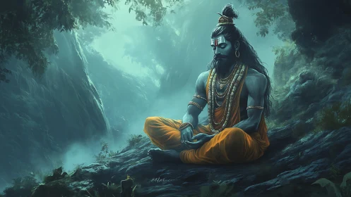 Digital painting of meditative ascetic amid misted forest gorge.