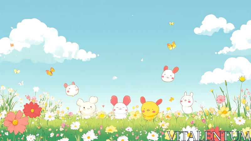 Pastel meadow microfauna under stratocumulus cloudscape.