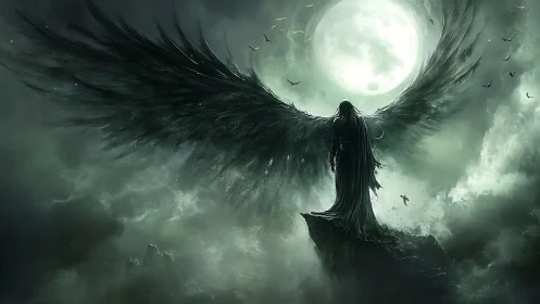 Moonlit fallen angel unfurls storm-black wings above abyss.