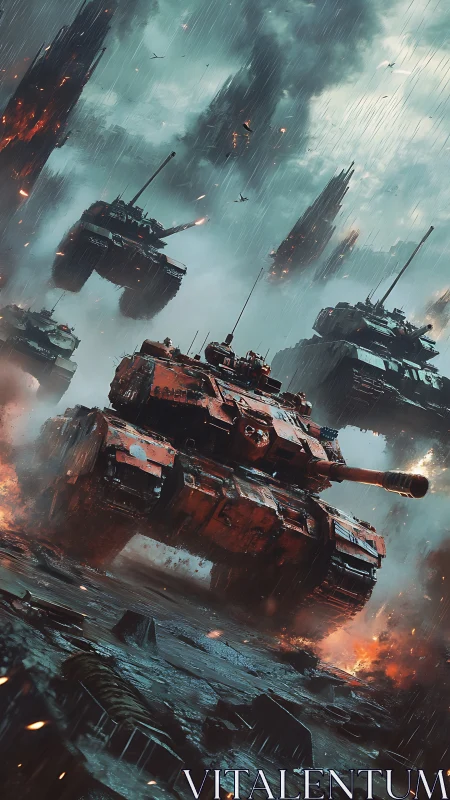 Armored tanks advancing through burning urban warzone.