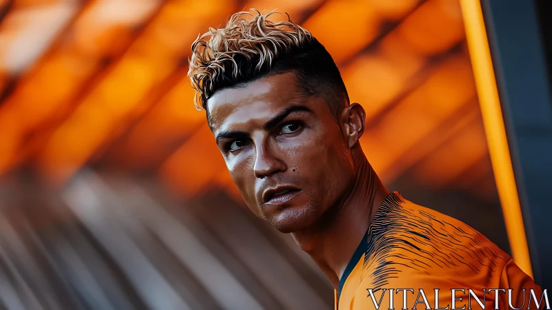 Focused football player in orange jersey under warm lights.