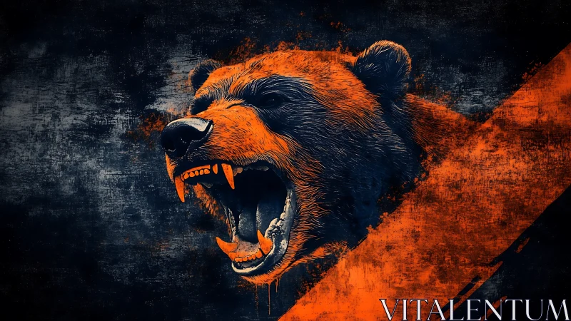 Roaring bear head erupts through bold orange brushstroke.