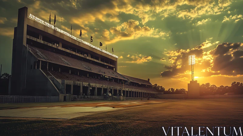 Sunset hush over the quiet stadium waiting for game night.