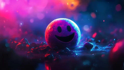 Smiling neon planet orb beaming in candy-colored fog.