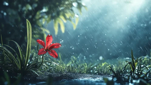 Red flower in rainfall within backlit forest clearing.