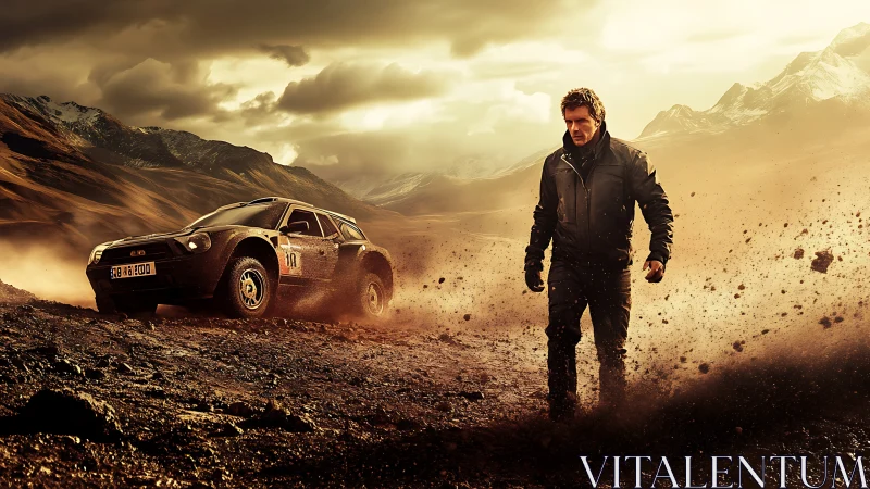 Dusty desert racer and lone driver in a golden sunset storm.