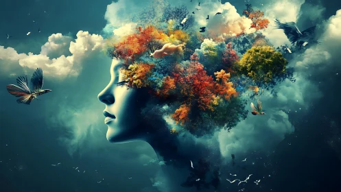 Human profile merges with cloudscape and multicolor foliage
