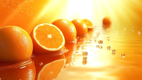 Sunlit orange slices drifting on a golden citrus tide.