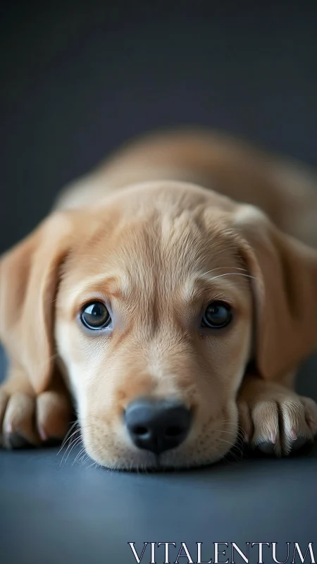 Golden puppy rests on floor with large expressive eyes