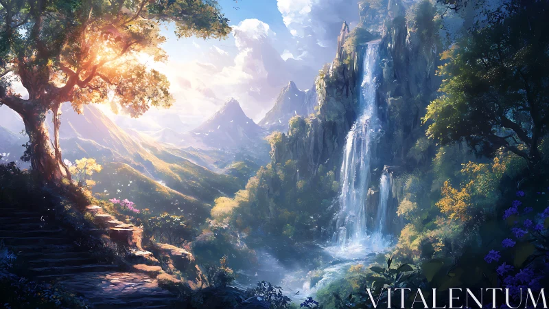 Mountain valley landscape with waterfall and stair path.