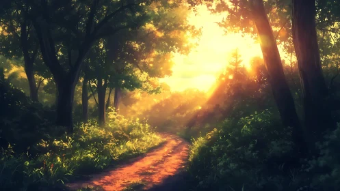 Forest path curves through dense trees in warm sunset light