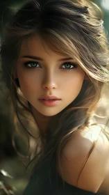 Ethereal young woman gazes ahead in soft forest light.