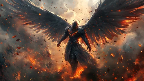 Armored seraph in eruptive firestorm with ablating shadow wings.