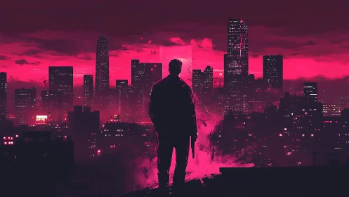 Neon-lit lone figure overlooking crimson cyberpunk skyline.