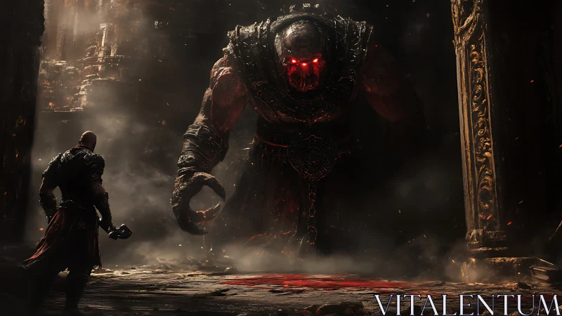 Lone warrior confronting colossal demon in molten ruins.