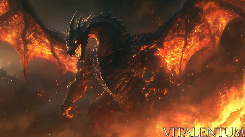 Lava-scaled dragon emerges through volumetric fire and ember haze