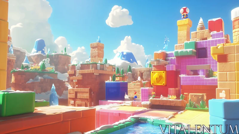 Colorful block canyon hosts platformer characters under sun