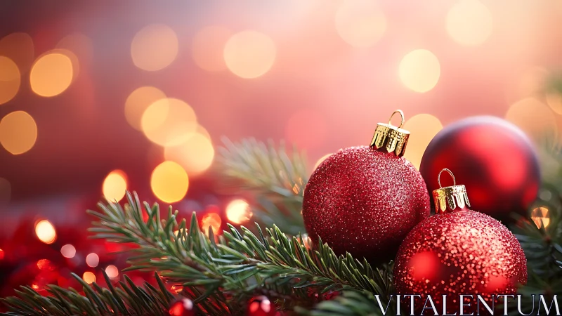 Red glitter baubles on fir branches with warm bokeh glow.