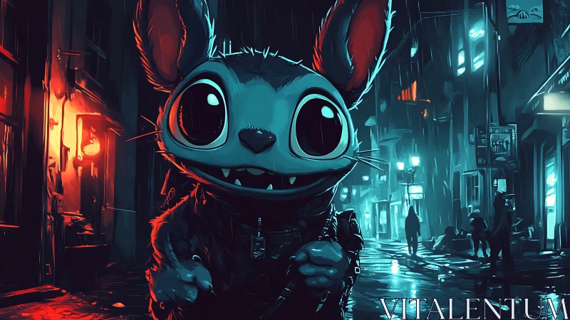 Cartoon rodent character in neon lit rainy city street scene.