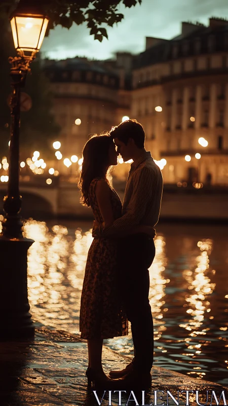 Romantic Embrace by Seine River Lamplight.