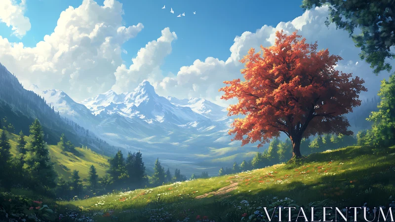 Solitary red tree in alpine valley with distant snow peaks.