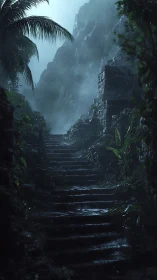 Misty jungle stone stairway climbs toward hidden ruins