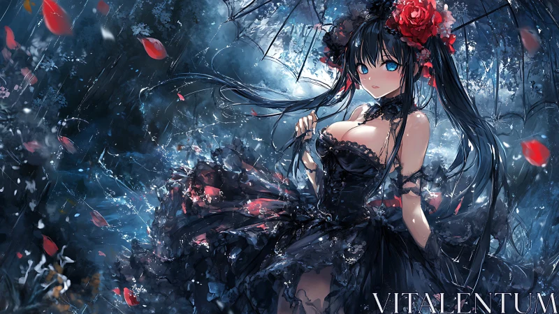 Gothic rain princess twirls beneath crimson petal storms.