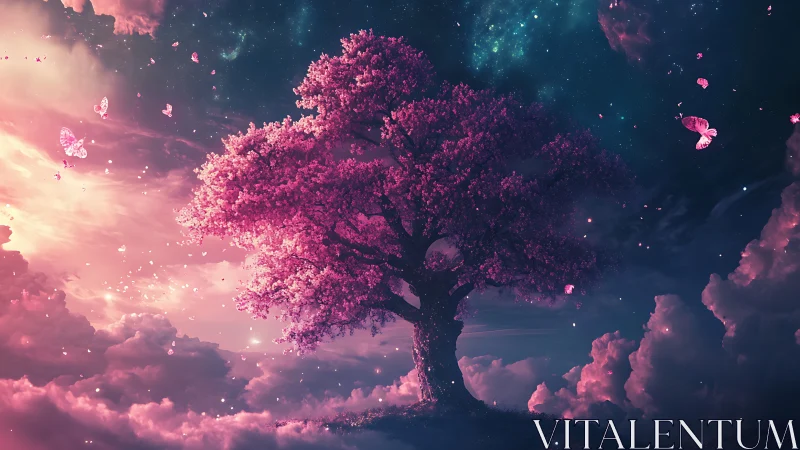 Enchanted pink tree glows amid celestial clouds and stars.