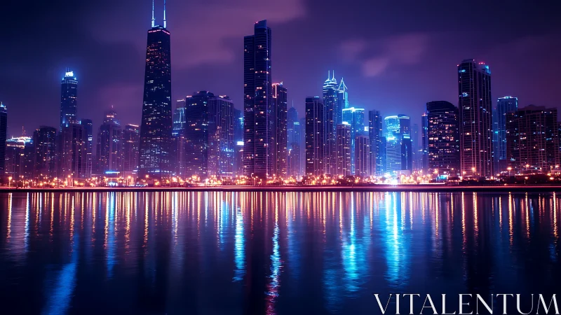 Neon-lit waterfront megacity skyline with reflective night haze