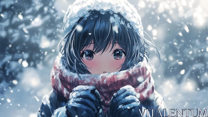 Snow-dusted girl wrapped in scarf amid drifting flakes.