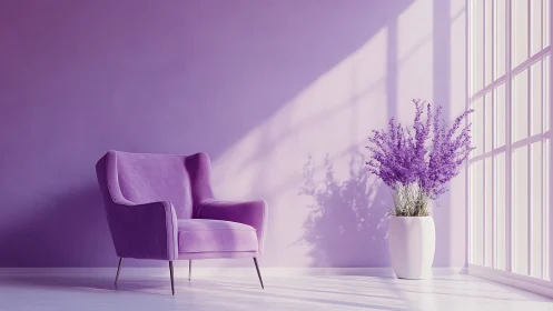 Monochromatic lavender interior uses directional sunlit side lighting