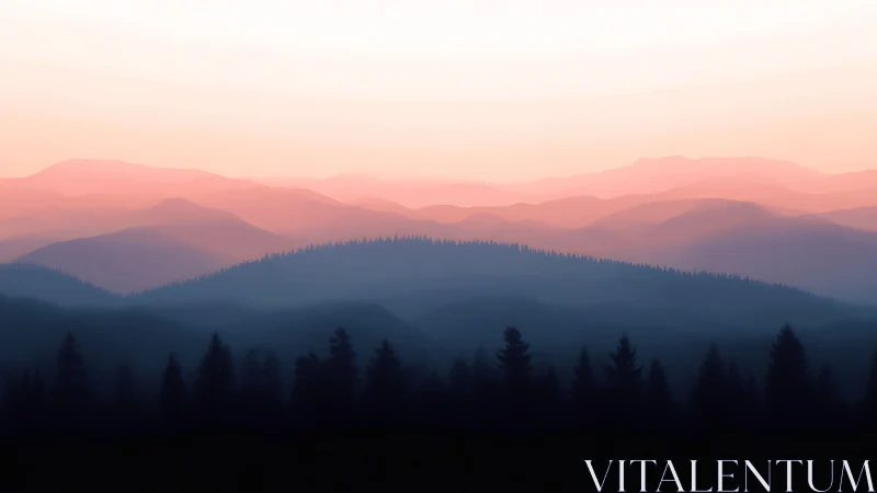 Blushing mountain veils drift above a shadowed pine hush.