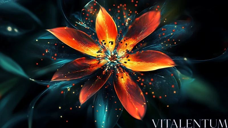 Luminescent fractal flower with radiant orange petals on black