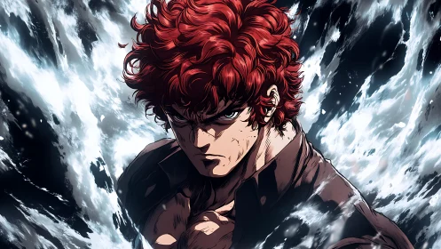 Storm-eyed fighter with wildfire curls in raging surf.