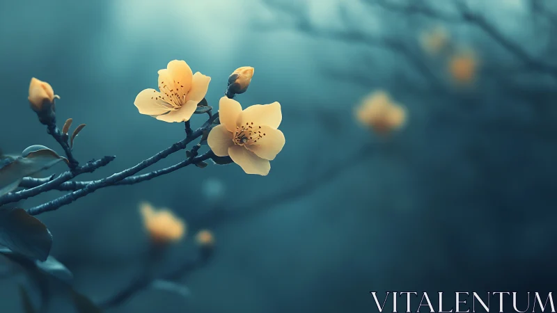 Yellow Blossoms on Dark Branch Against Teal Background