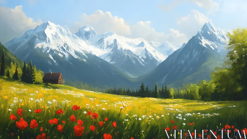 Snow-capped mountain range above wildflower meadow landscape.