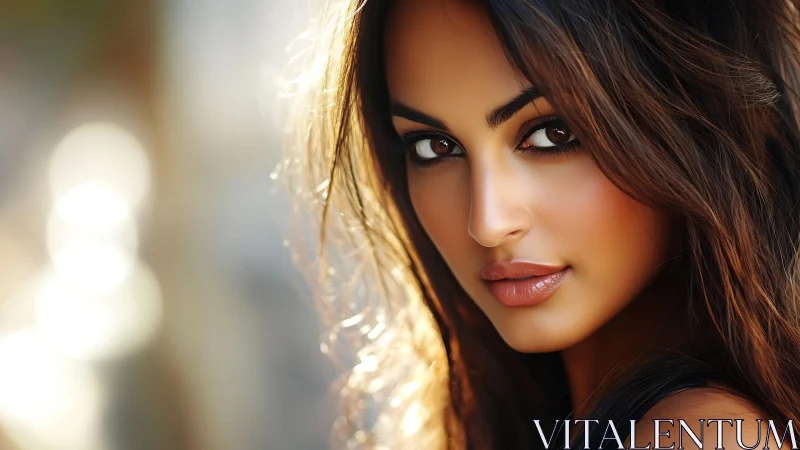 Close-up portrait of woman in warm natural sunlight.