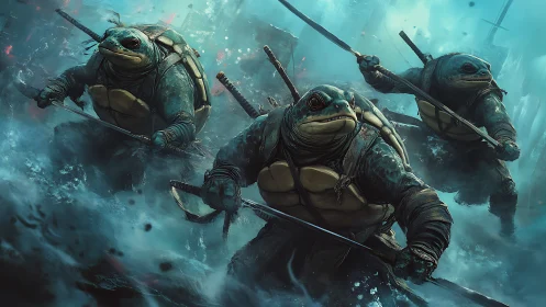 Turtle warriors charging through misty blue battlefields.
