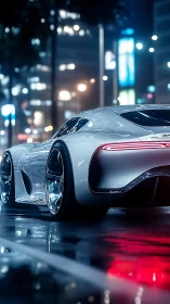 Futuristic silver sports car on wet neon city street at night.