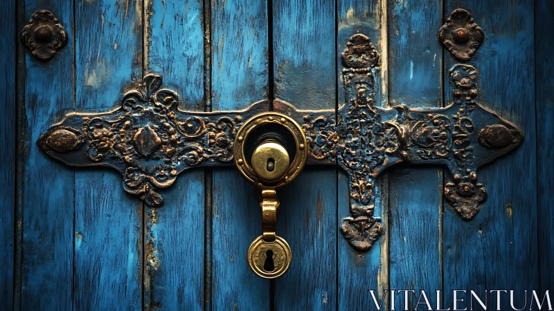 Corroded brass lock centered on weathered blue wooden door