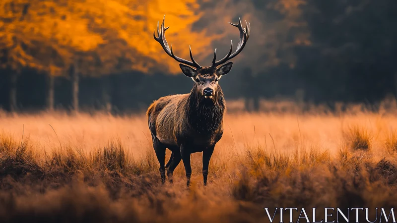 Stag in golden meadow under soft autumn forest light.