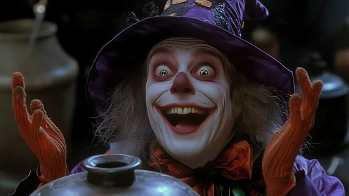 Expressive clown wizard portrait with theatrical makeup and costume